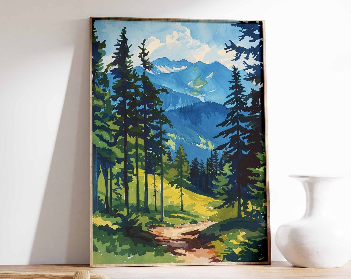 Pine Forest Path Leading To Blue Mountain Bright Hiking Poster
