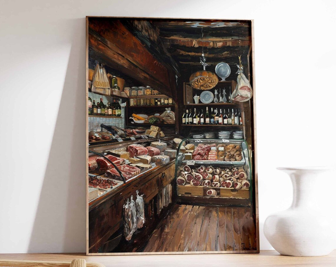Dark Wood Deli Interior Hanging Sausages Cheese Meat Counter Poster