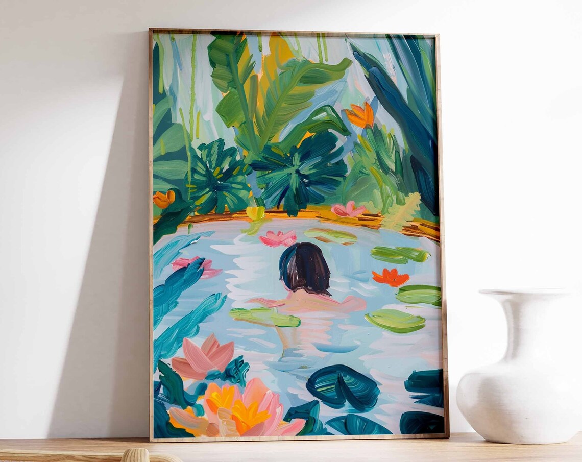Woman Swimming Through Water Lilies in Jungle Pool Art Poster