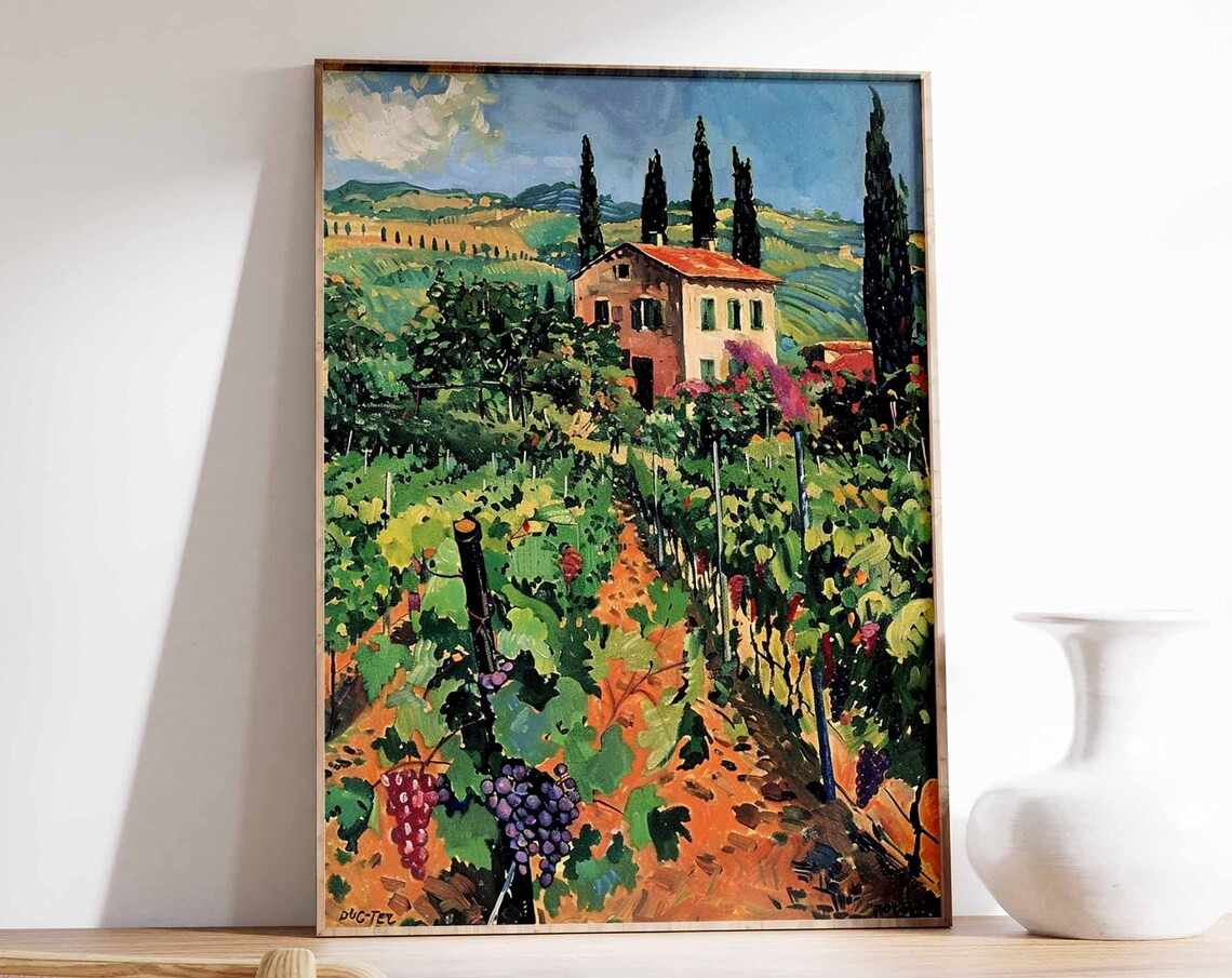 Tuscan Farmhouse Vineyard Art Poster Grape Harvest Country Scene