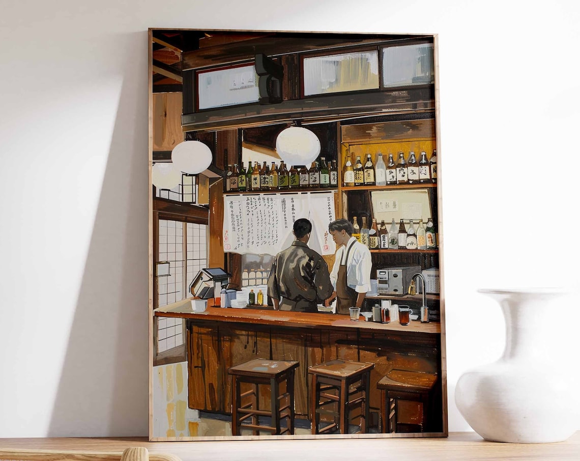 Japanese Izakaya Bar Interior Wooden Counter Paper Lanterns Painting Poster