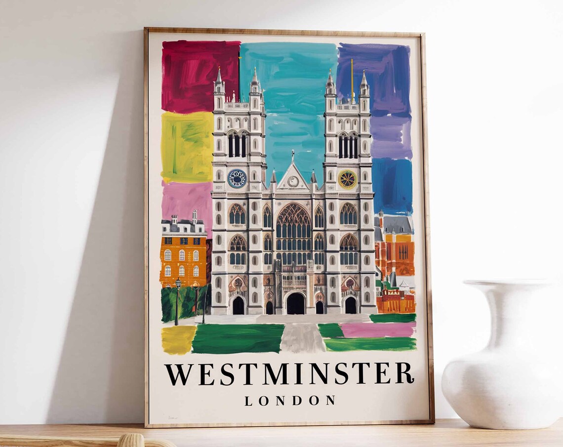 Westminster Abbey London Twin Towers Colorful Pop Art Style Poster
