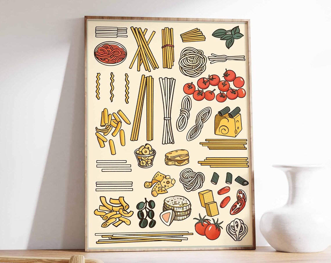Hand Drawn Pasta Shapes with Tomato Basil Kitchen Poster Italy Food