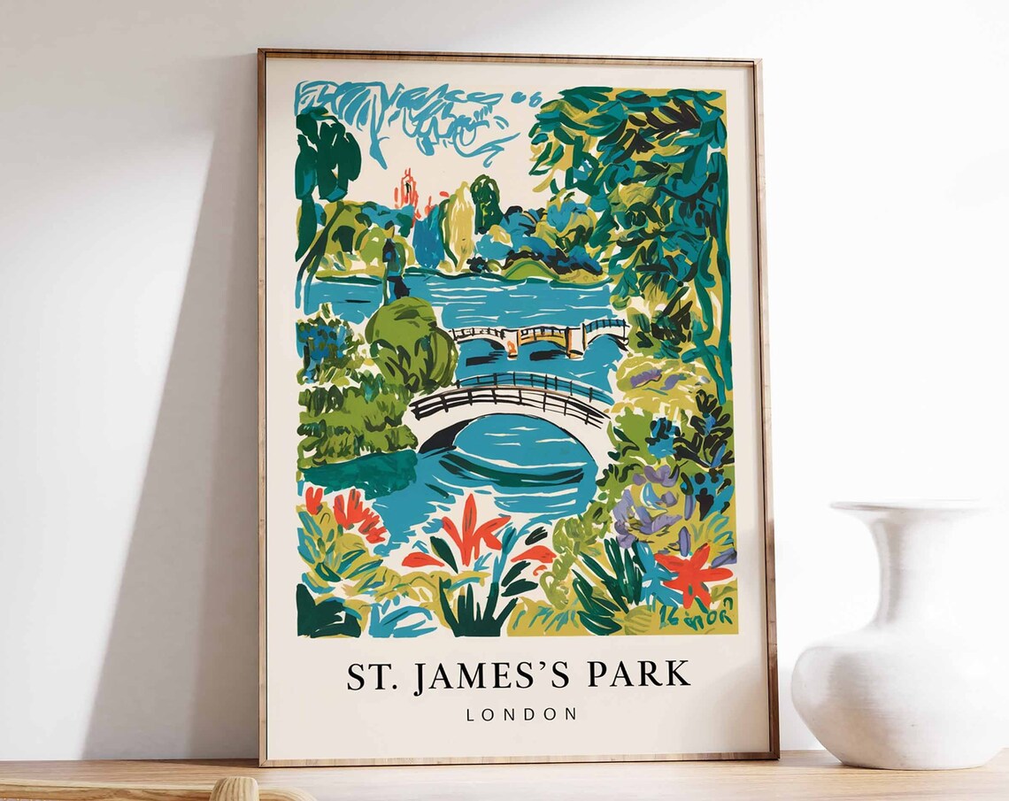 St James Park London Blue Bridge Pond Painting Travel Poster