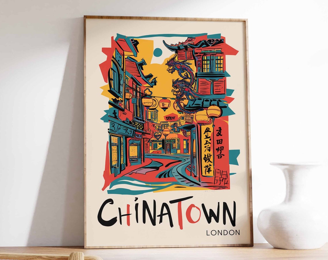 Chinatown London Dragon Mural Street Bold Graphic Art Poster