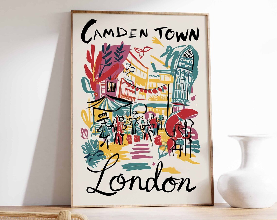 Camden Town Market Street Sketchy Colorful London Art Poster