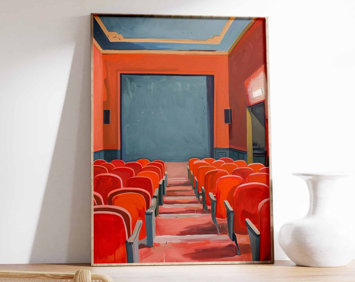 Retro Cinema Auditorium Red Seats Blue Screen Nostalgic Art Poster