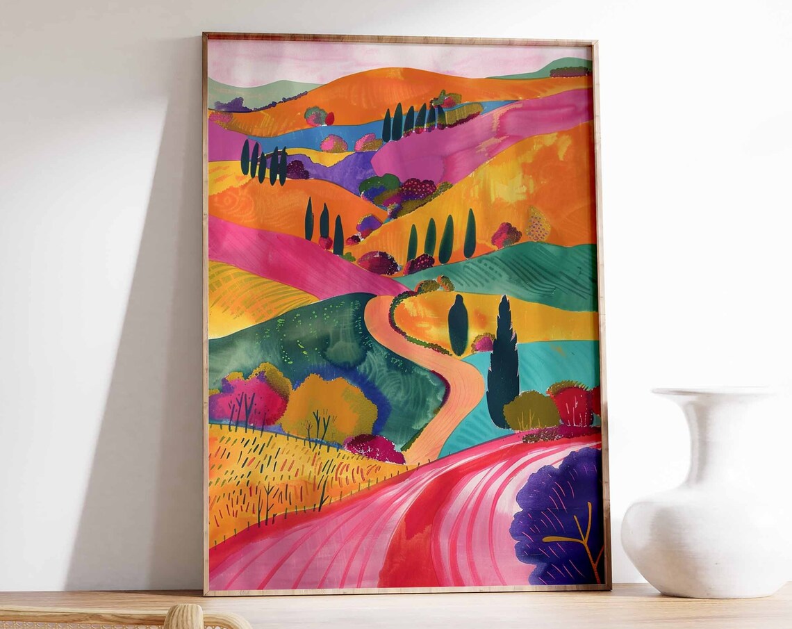 Golden Hills Winding Road Cypress Trees Landscape Art Print Wall Decor