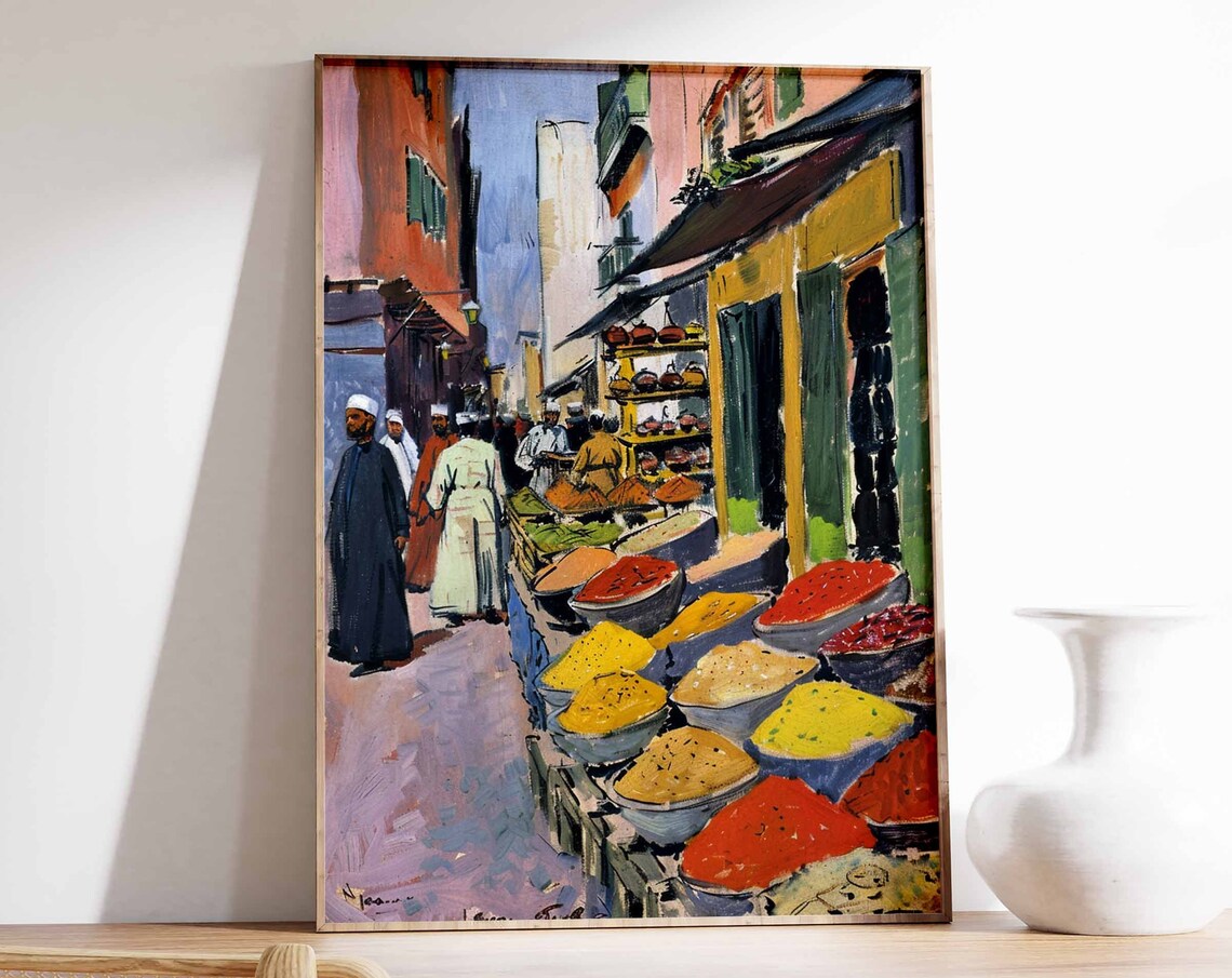 Row of Colorful Spice Bowls at Street Market Impressionist Poster