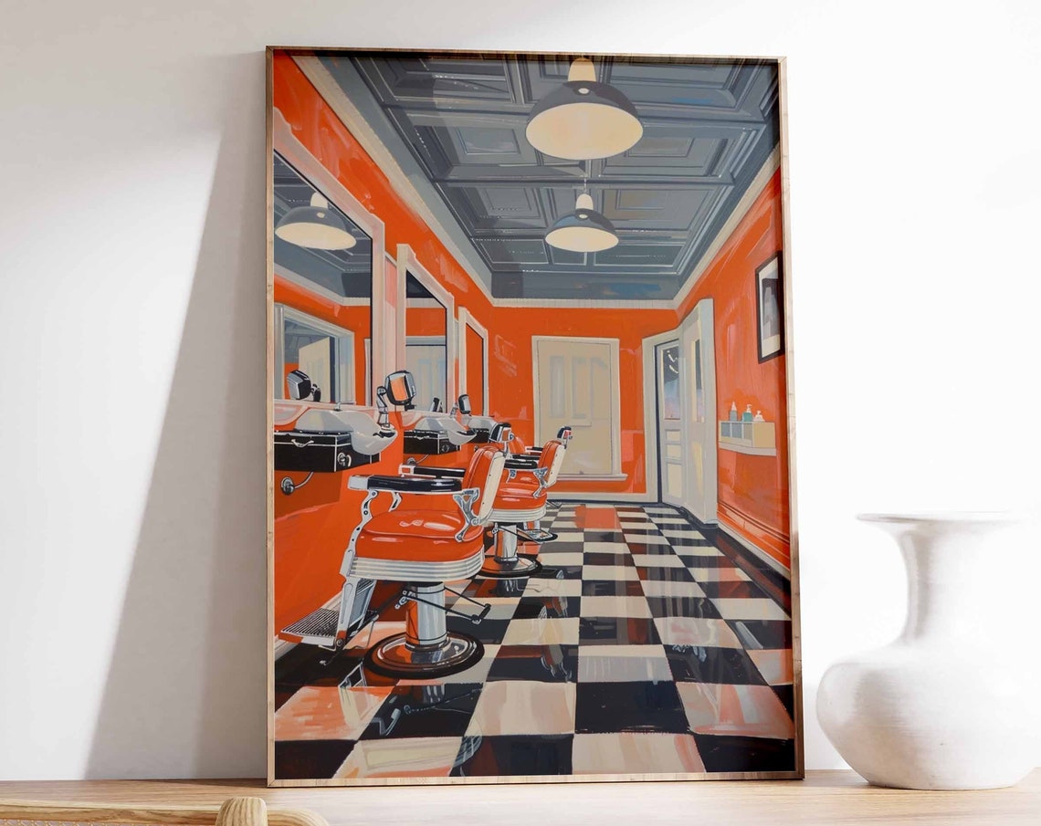 Bright Orange Barbershop Red Chairs Checkered Floor Retro Salon Poster