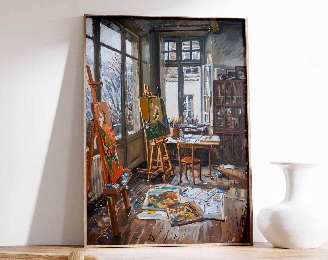 Artist Loft Studio with Easels by Tall Windows Sunlit Poster