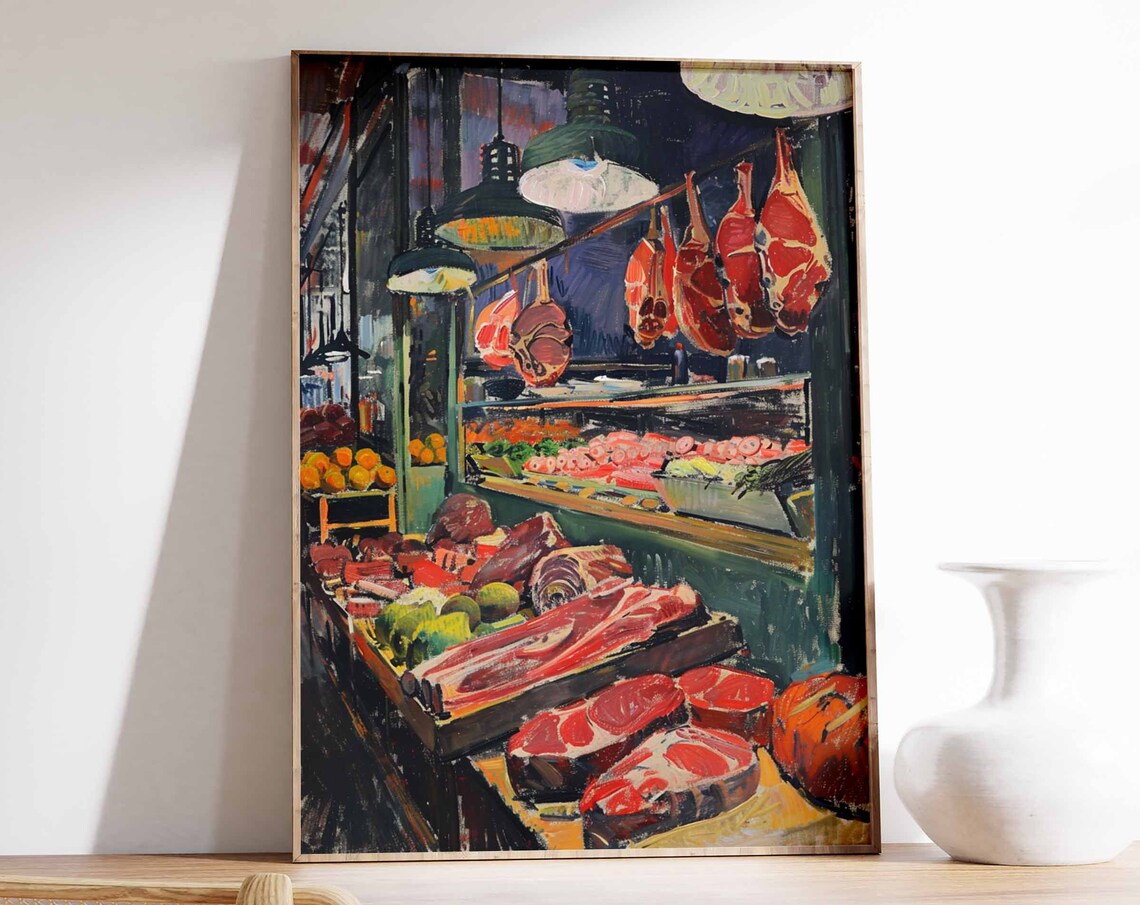 Vintage Butcher Shop Hanging Meats Market Stall Retro Art Print