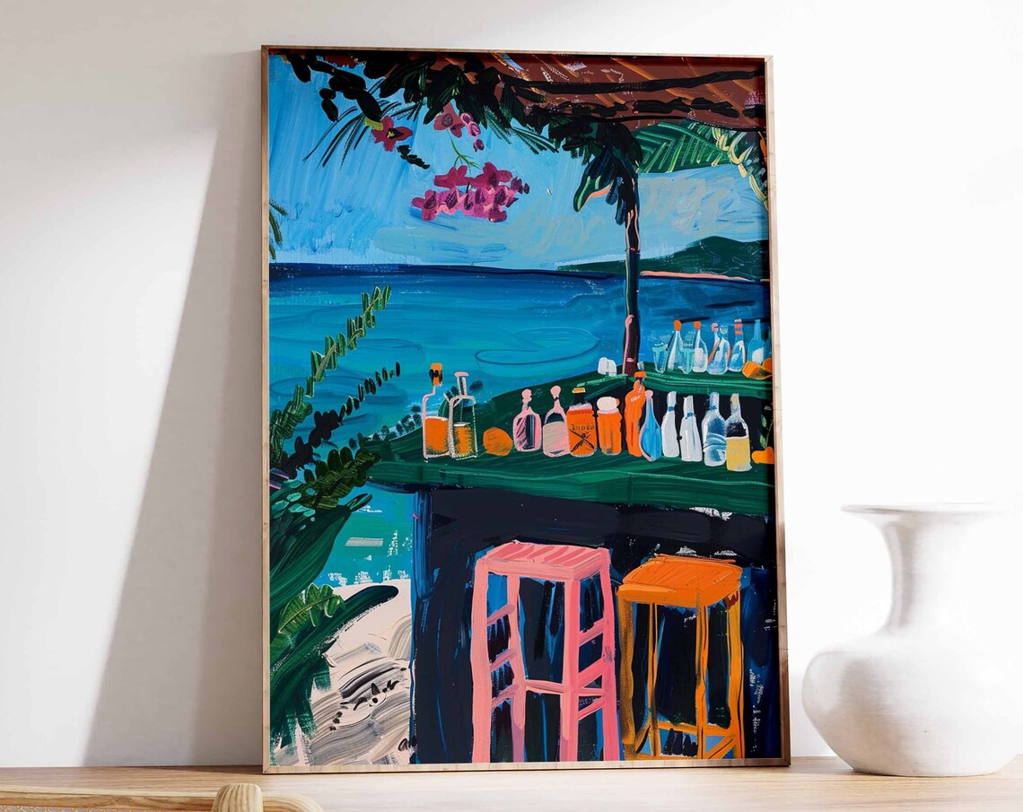 Colorful Beach Bar Bottles Pink Stools Bougainvillea Ocean View Poster