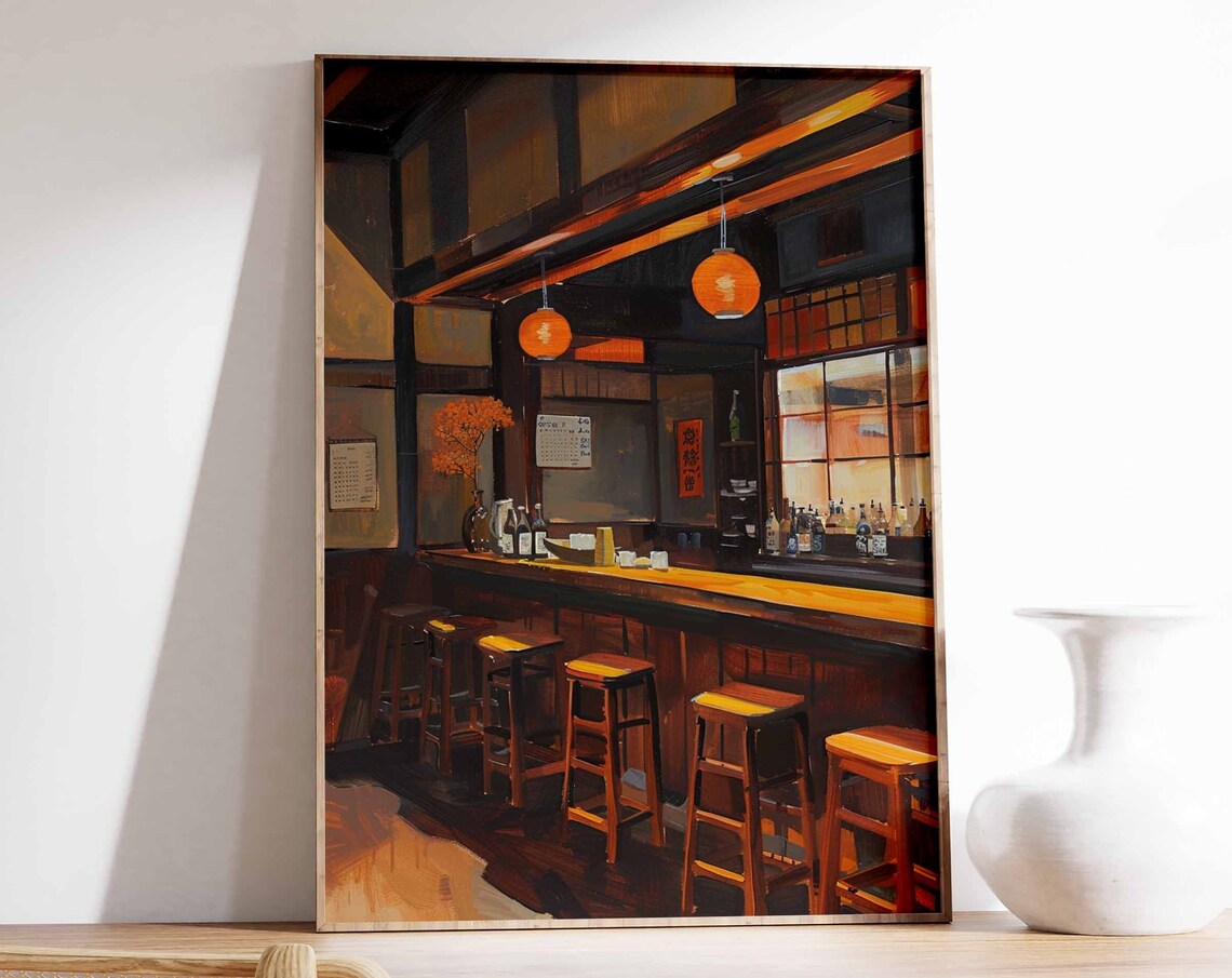 Japanese Izakaya Bar Interior Painting Lanterns Tokyo Night Poster