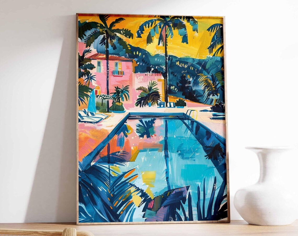 Tropical Pool Pink Villa Palm Trees Golden Sky Retreat Art Poster