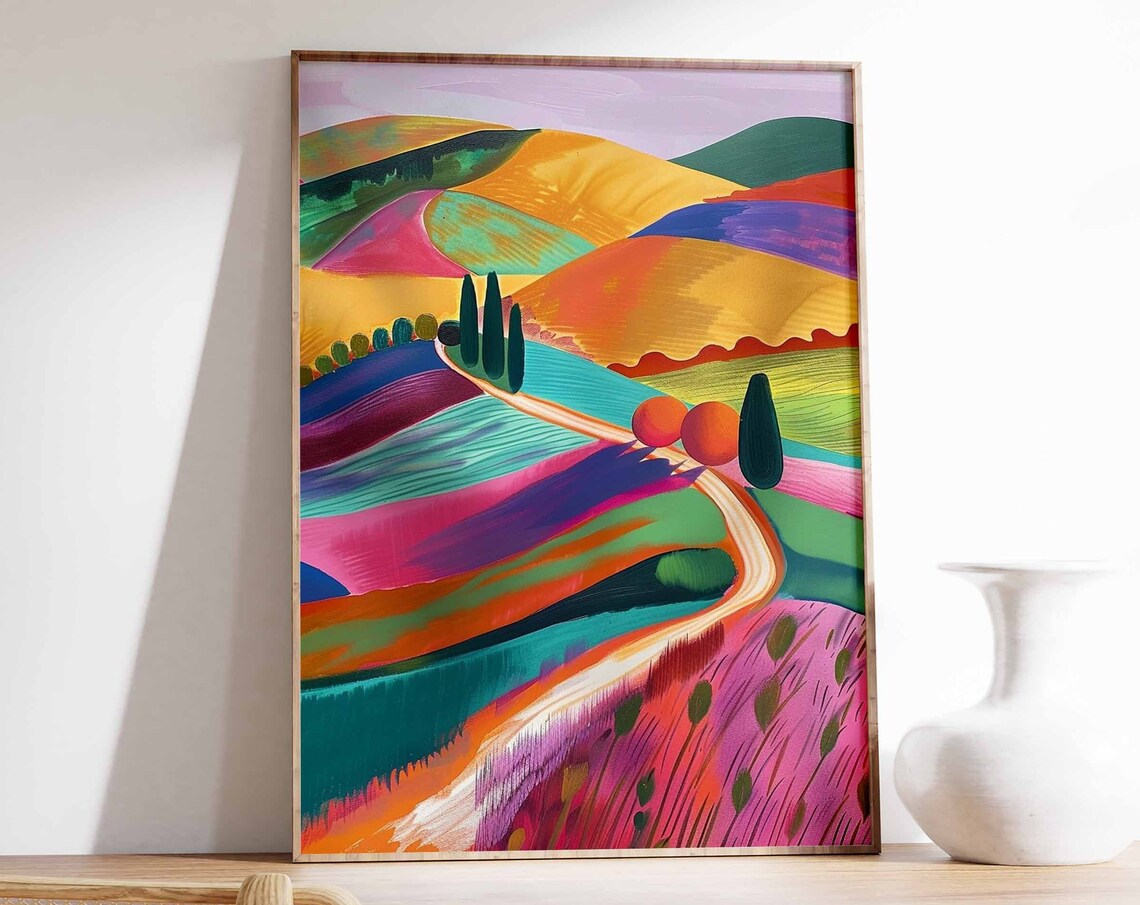 Colorful Valley Cypress Trees Curving Road Landscape Art Print