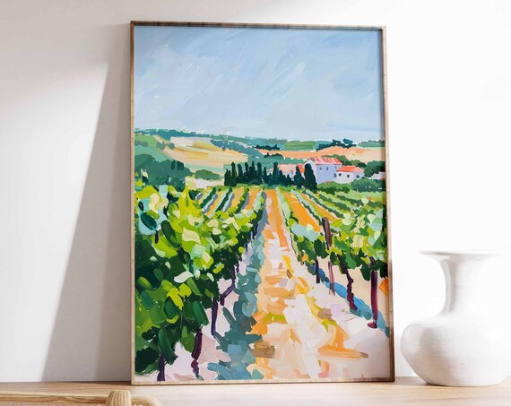 Vineyard Landscape Sunny Mediterranean Vine Rows Country Art Poster