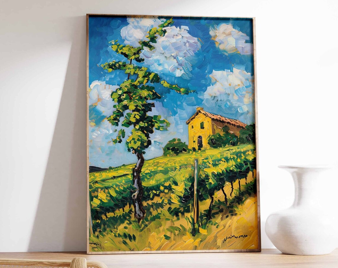 Bold Yellow Villa Vineyard Art Poster Impasto Countryside Landscape