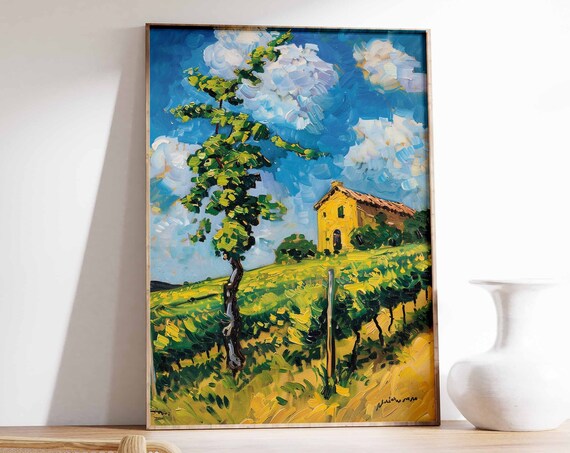 Bold Yellow Villa Vineyard Art Poster Impasto Countryside Landscape
