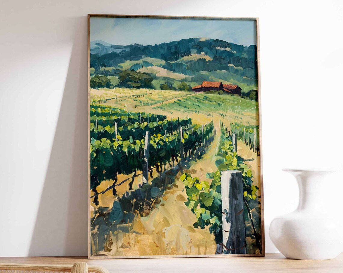 Sunlit Vineyard Rows Art Poster Impressionist Wine Country Landscape