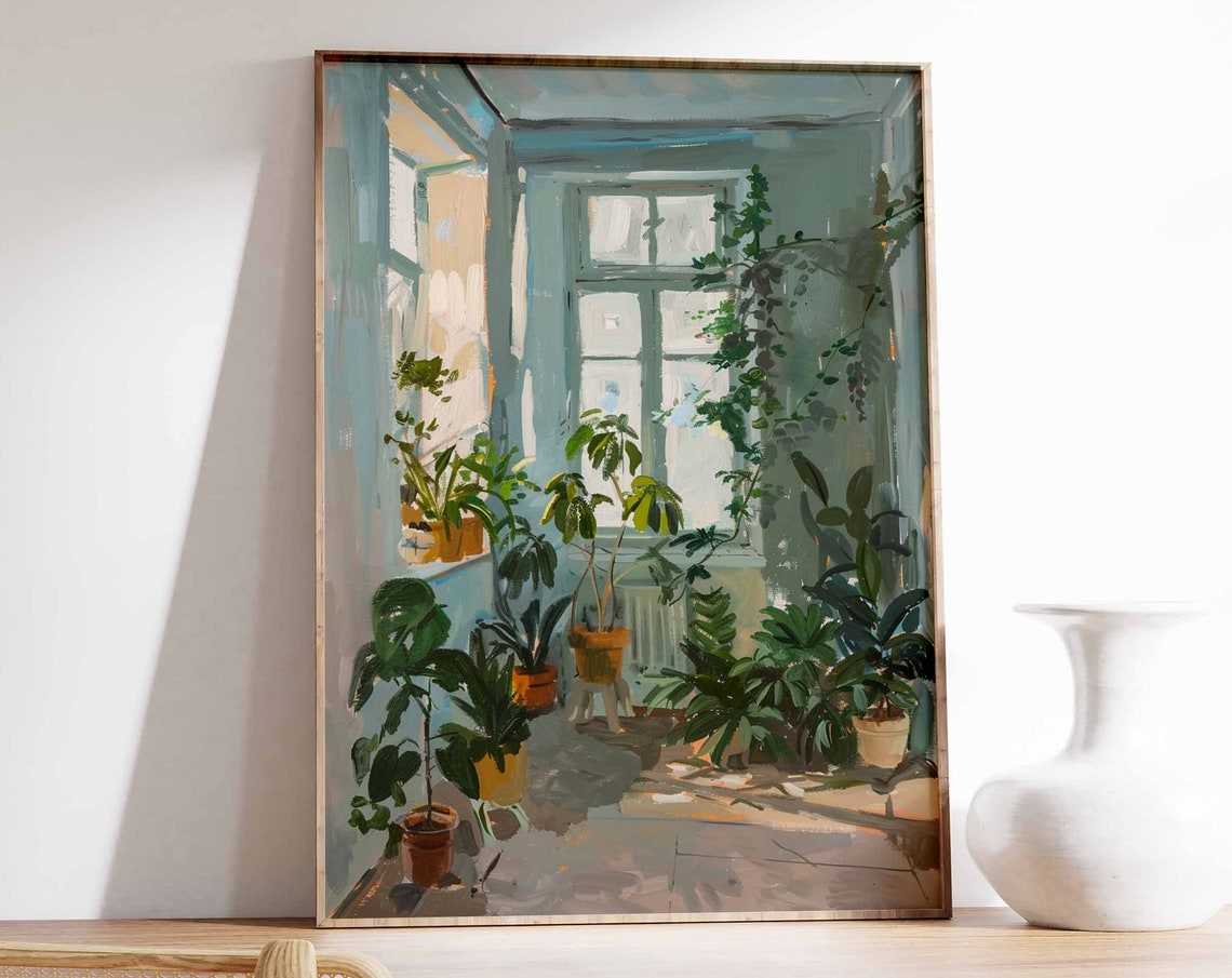 Sunlit Room with Potted Plants Impressionist Vintage Botanical Poster