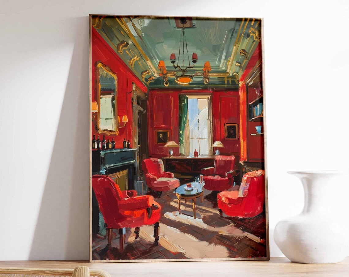 Red Cigar Smoking Room Club Armchairs Classic Interior Art Poster