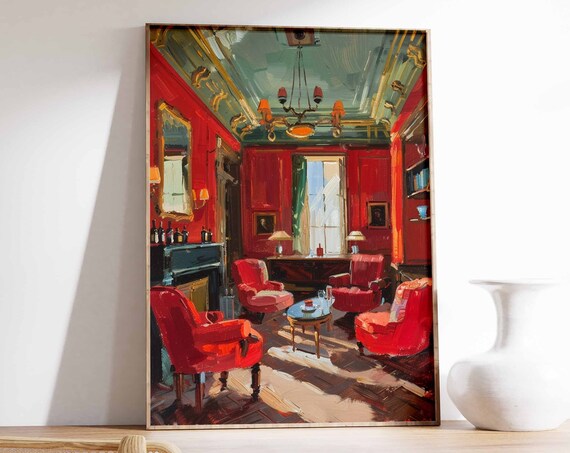 Red Cigar Smoking Room Club Armchairs Classic Interior Art Poster