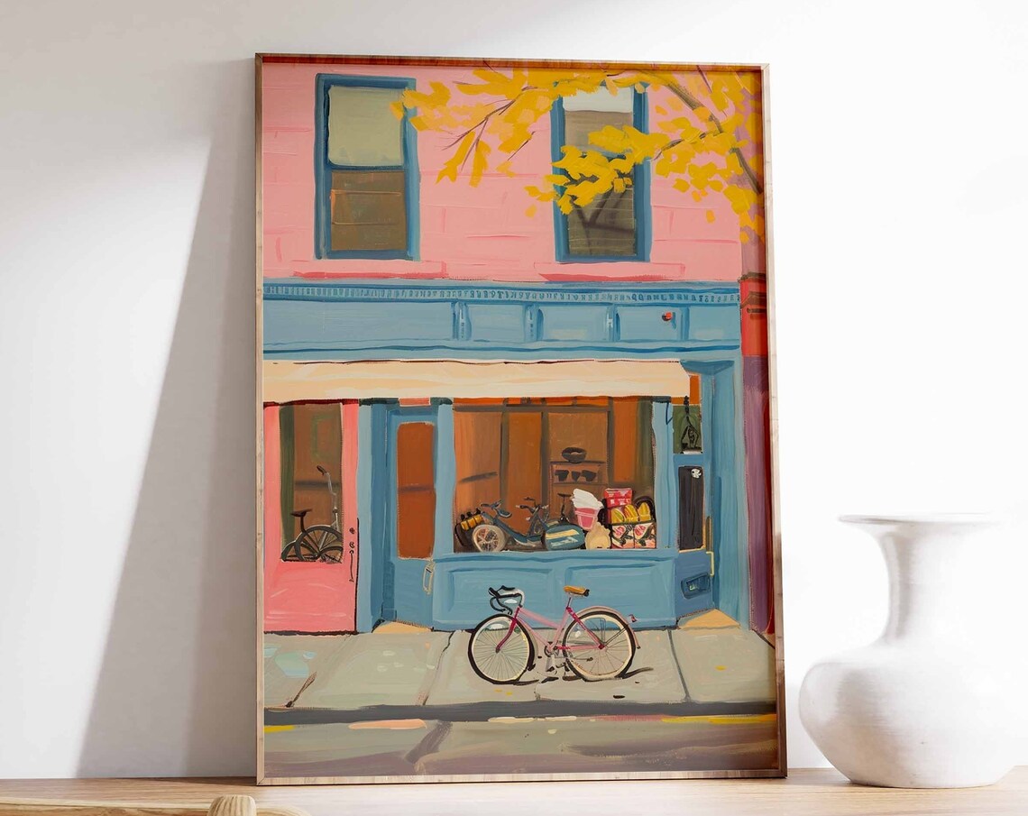 Pink Blue Storefront Pink Bicycle Autumn Tree Street Art Poster
