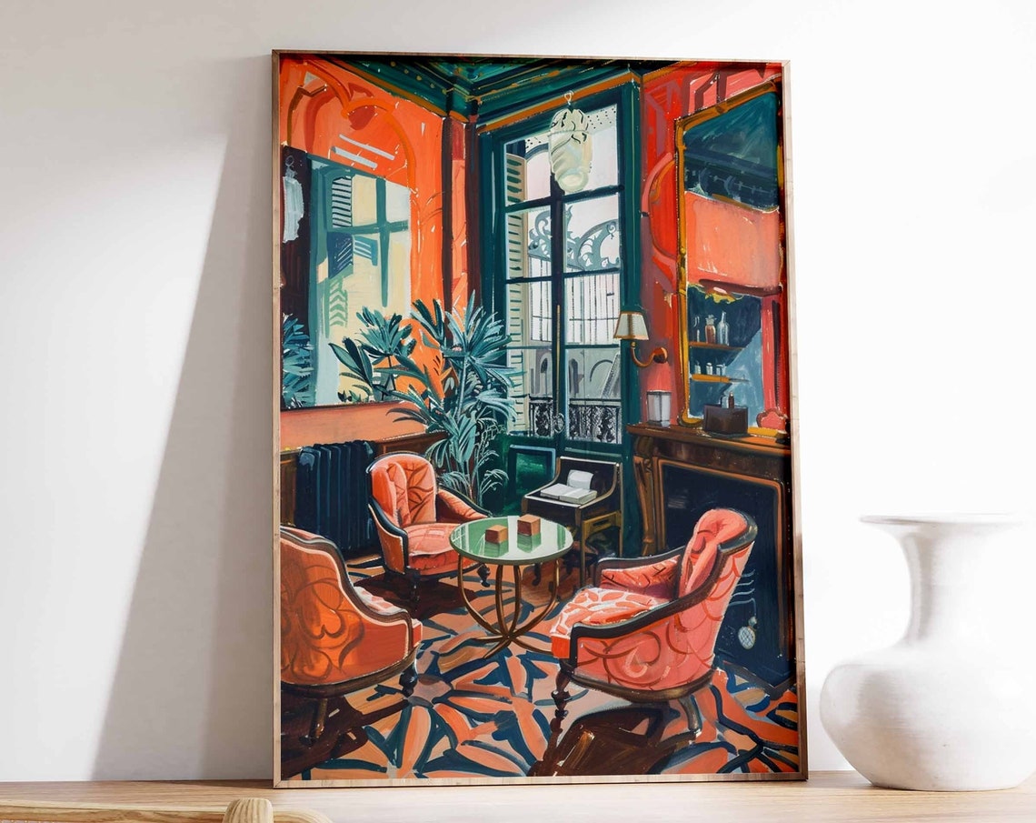 Orange and Teal Sitting Room Windows Armchairs Lounge Art Poster