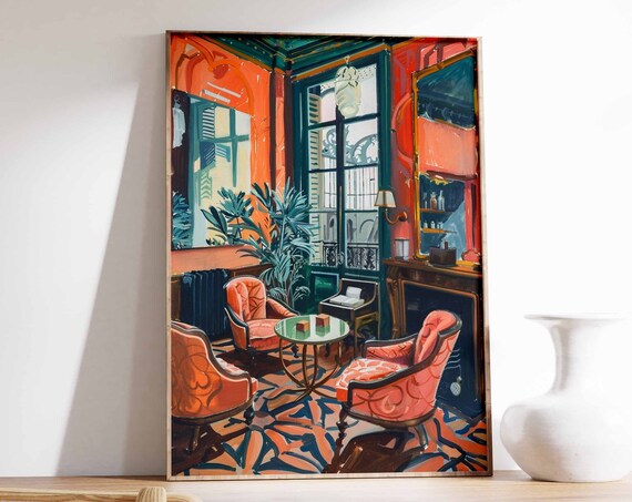 Orange and Teal Sitting Room Windows Armchairs Lounge Art Poster