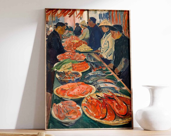 Asian Seafood Market Poster Seafood Print Food Poster Fish Market Print Kitchen Decor Asian Decor Oriental Art Print Seafood Art