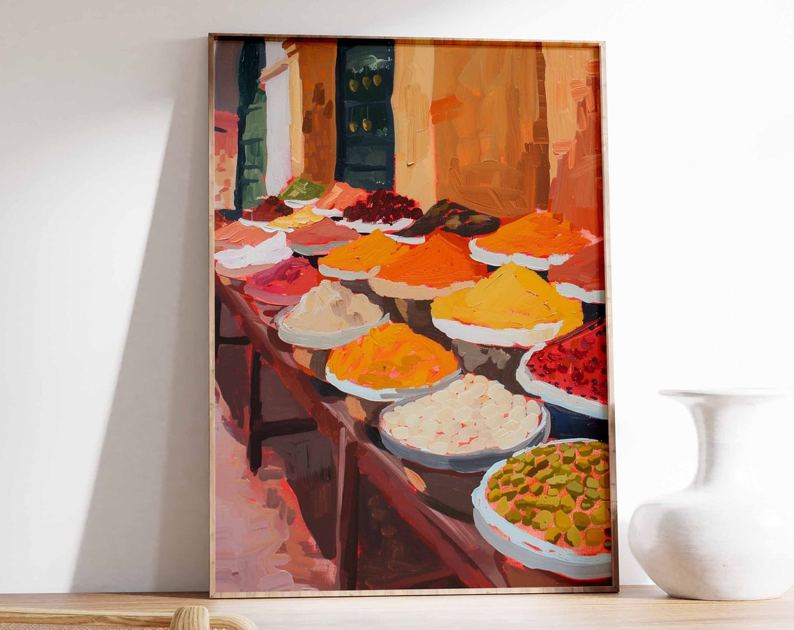 Long Table Covered in Bowls of Colorful Spices Kitchen Poster