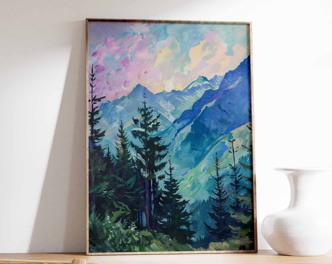 Pastel Purple Sky Alpine Mountains Pine Forest Serene Art Print
