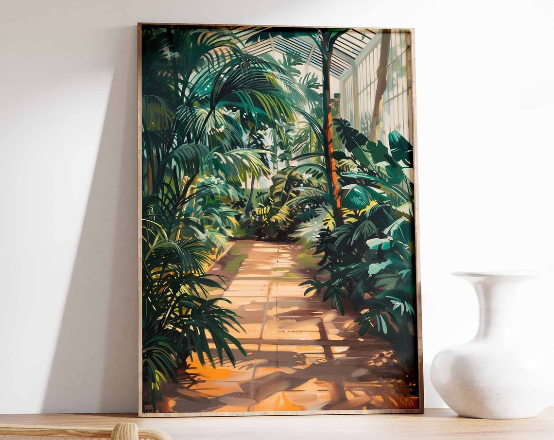 Palm Lined Greenhouse Path Sunlit Conservatory Botanical Art Poster