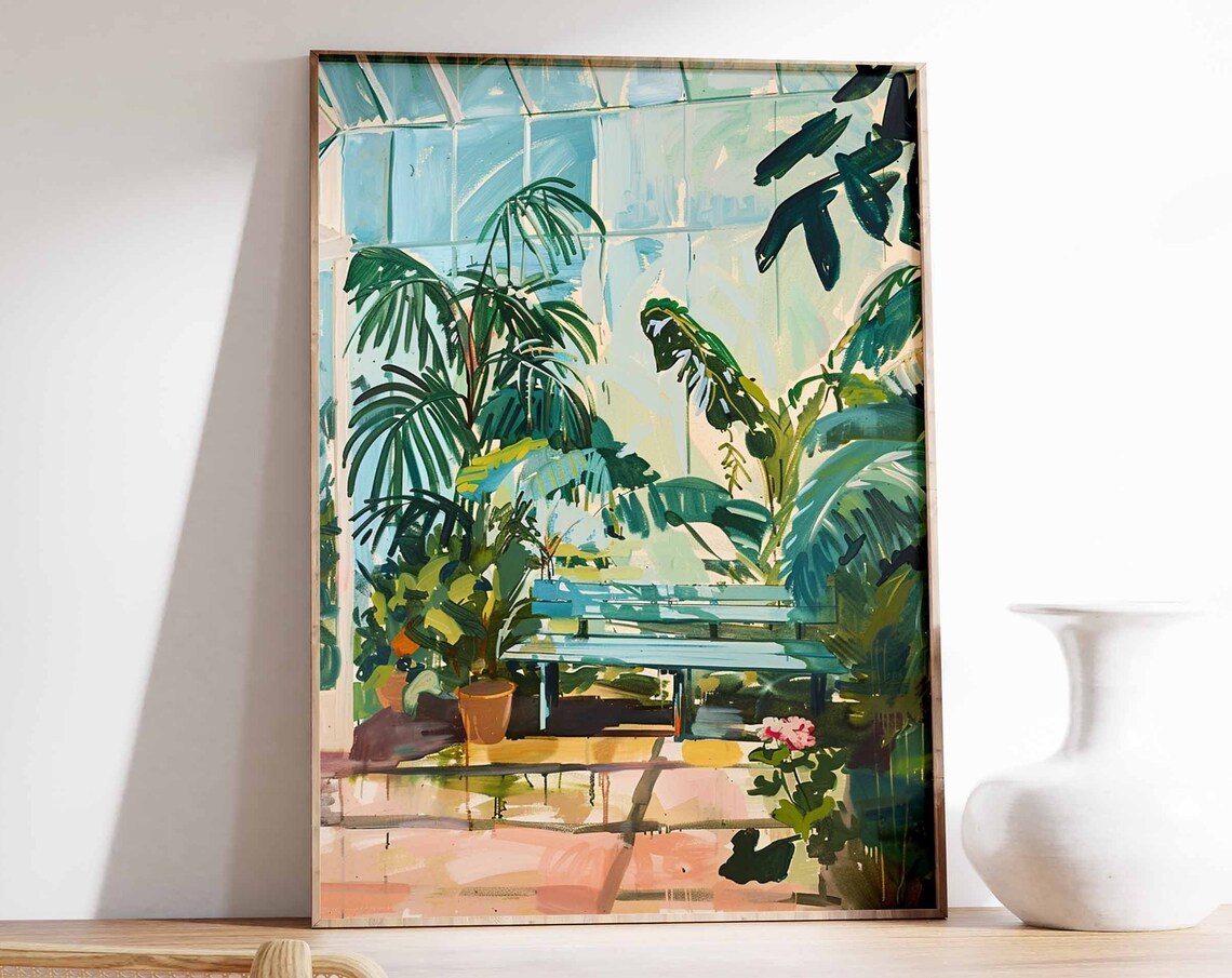 Botanical Greenhouse Bench Palm Plants Sunlit Garden Art Poster