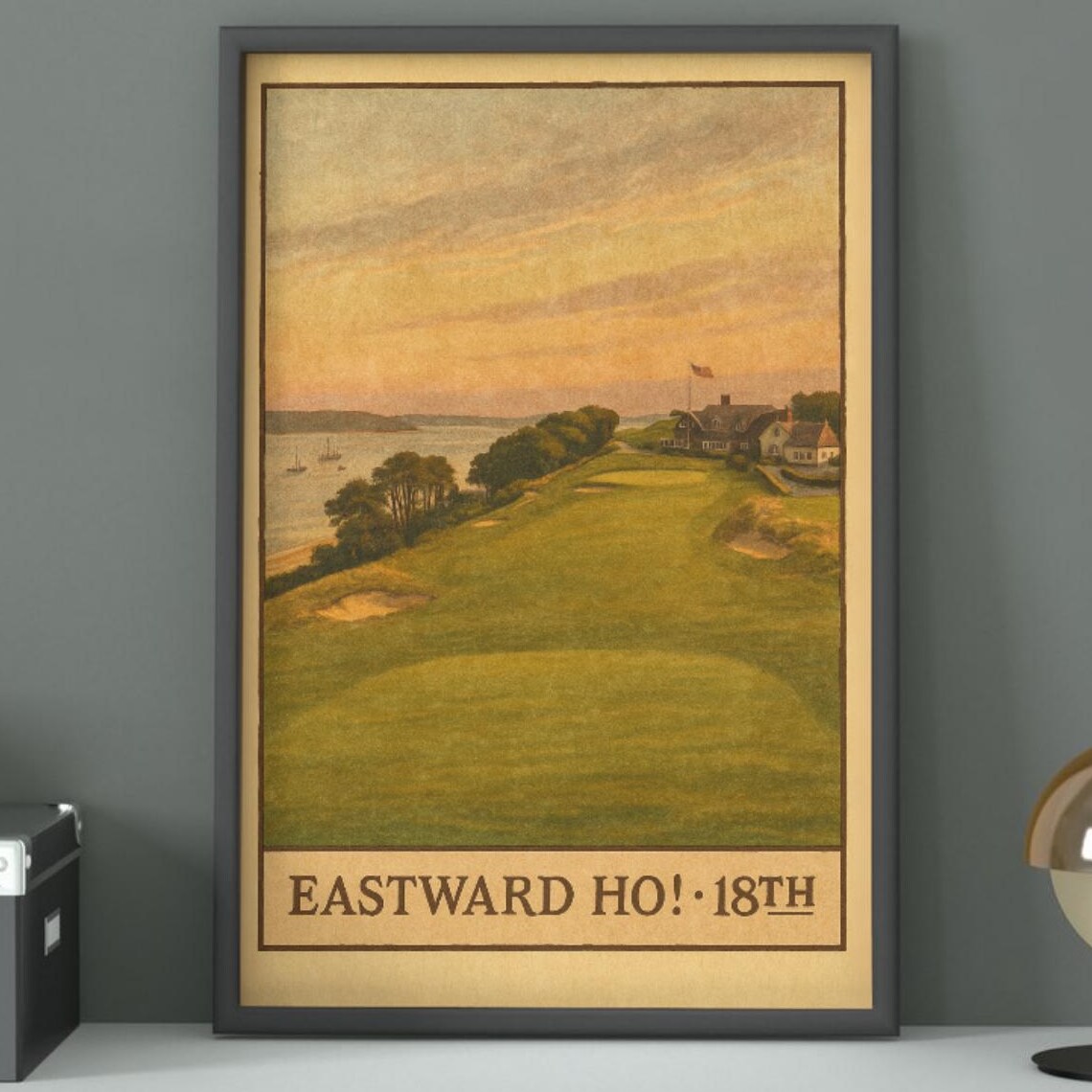 Eastward Ho 18th Hole Vintage Golf Poster Coastal Sunset Scene