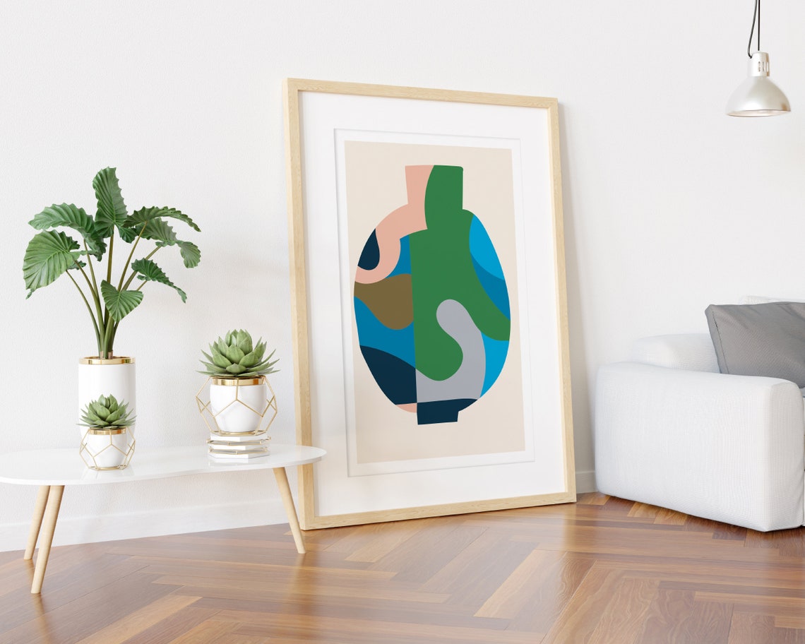 Abstract Colour Block Vase Poster in Green Blue Grey and Beige - Image 3