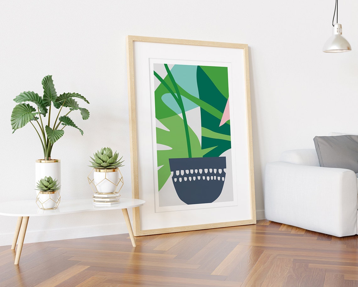 Lush Green Monstera Leaves in Grey Pot Modern Botanical Poster - Image 3