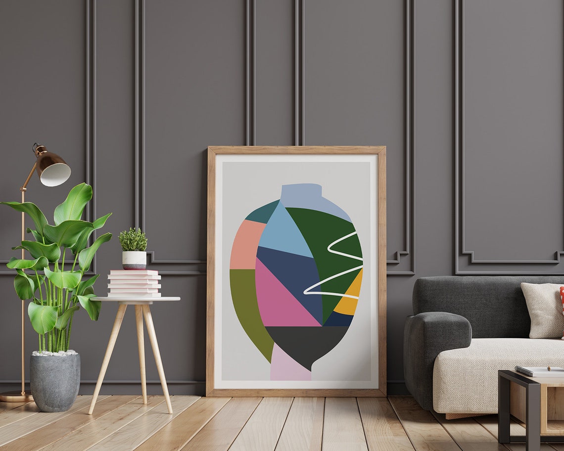 Geometric Color Block Vase with White Zigzag Line Art Poster - Image 2