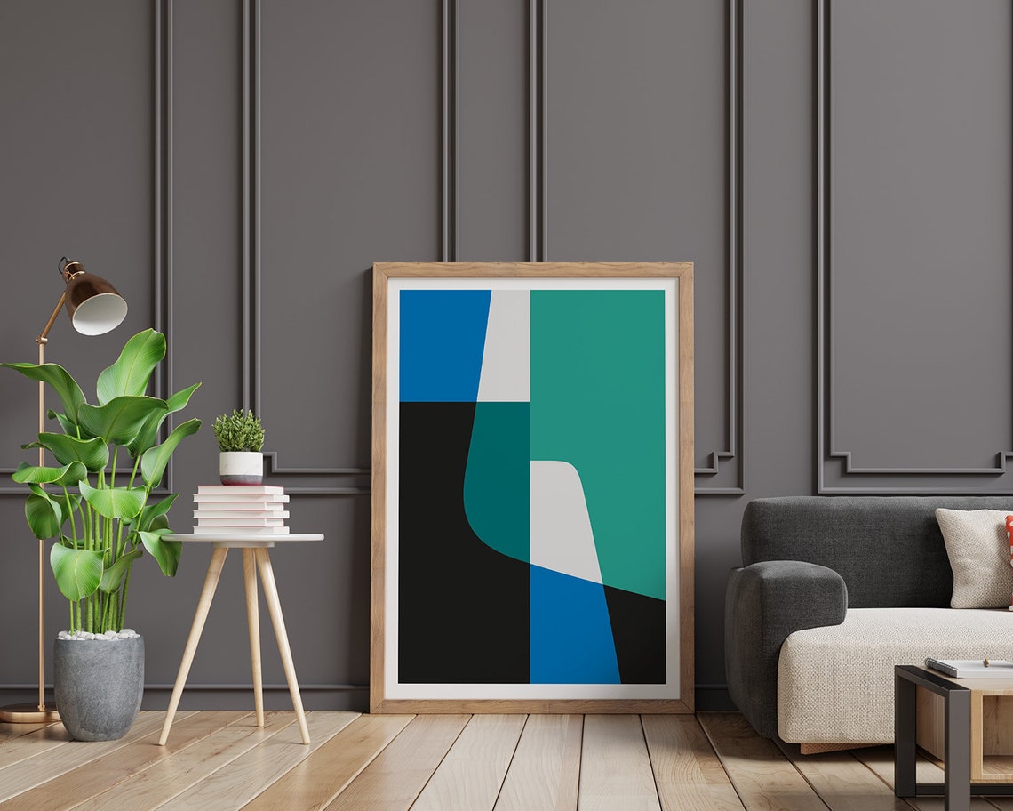 Teal Blue and Black Abstract Geometric Shapes Minimalist Poster - Image 2