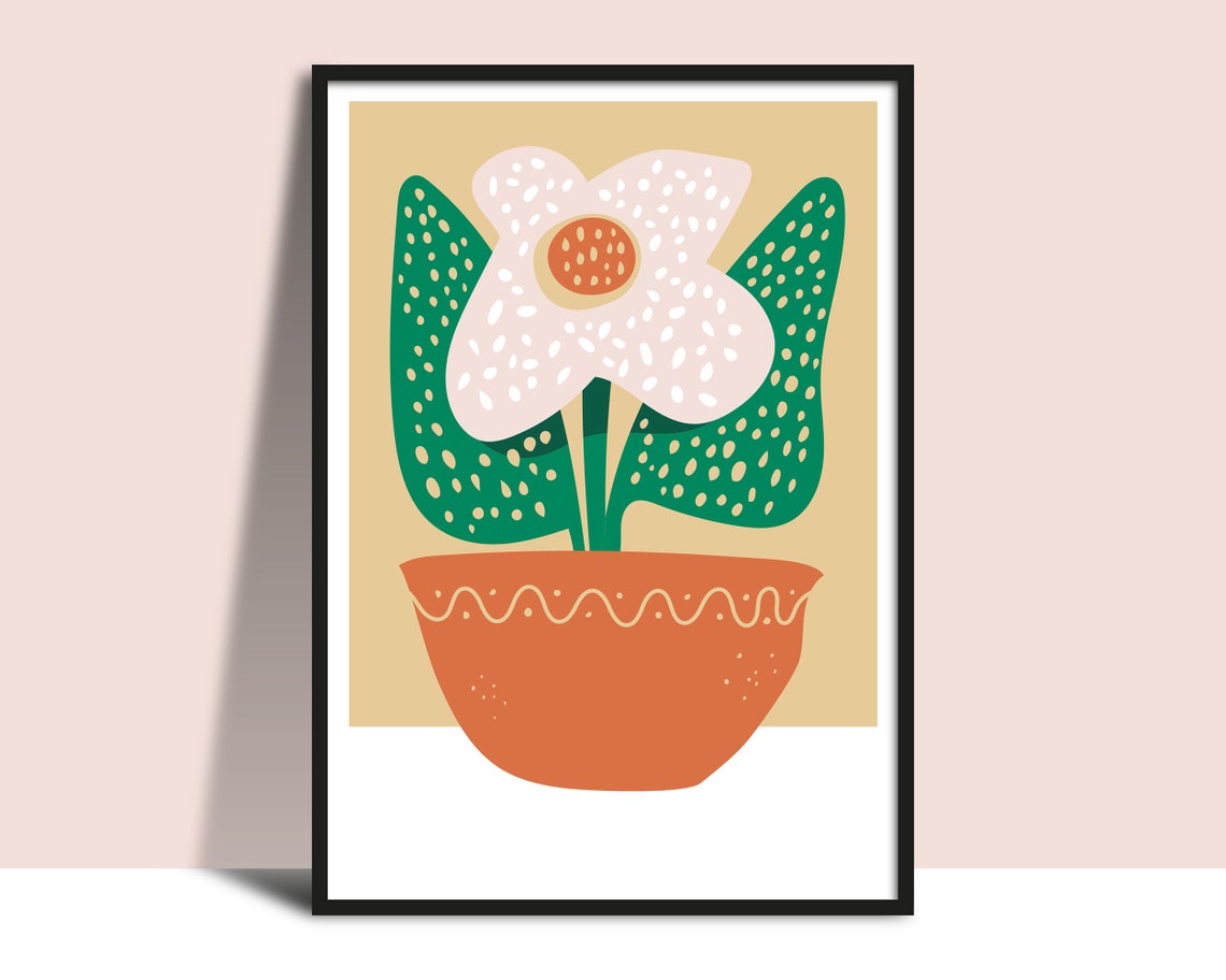 White Dotted Flower in Orange Pot Green Leaves Graphic Poster