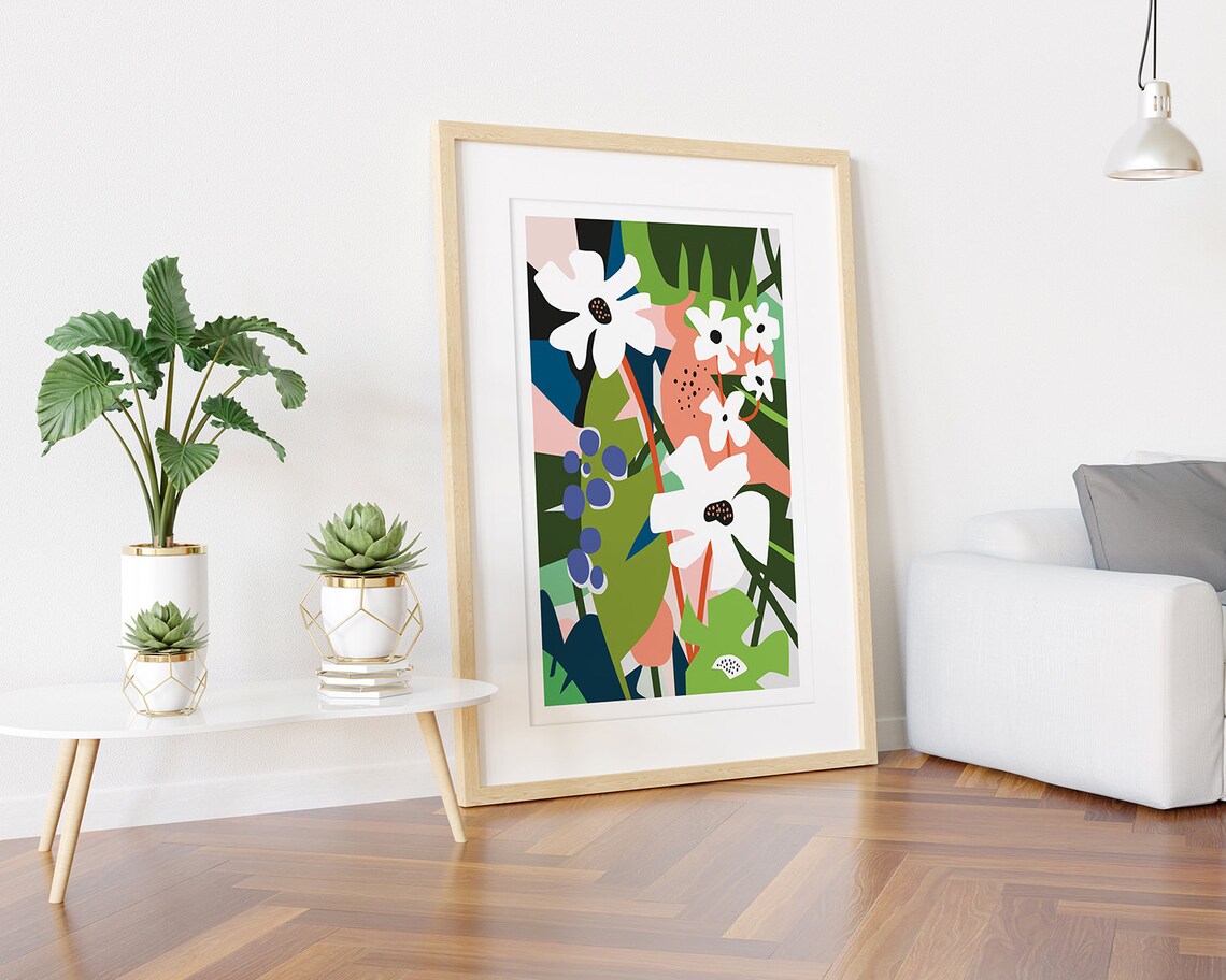White Flowers Green Foliage and Blue Berries Graphic Art Poster - Image 3