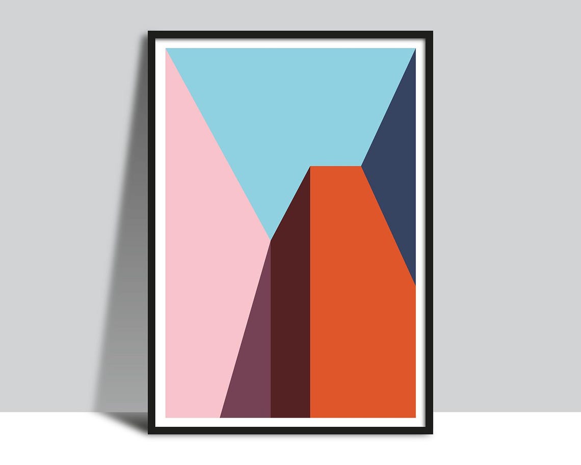 Orange Pink Sky Blue Navy Geometric Building Blocks Wall Art