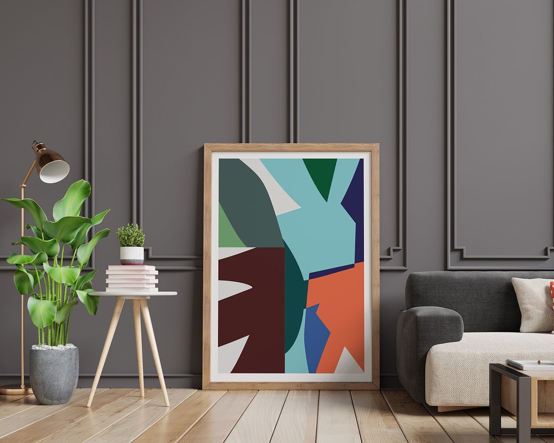 Teal Coral and Navy Abstract Collage Shapes Modern Art Poster - Image 2