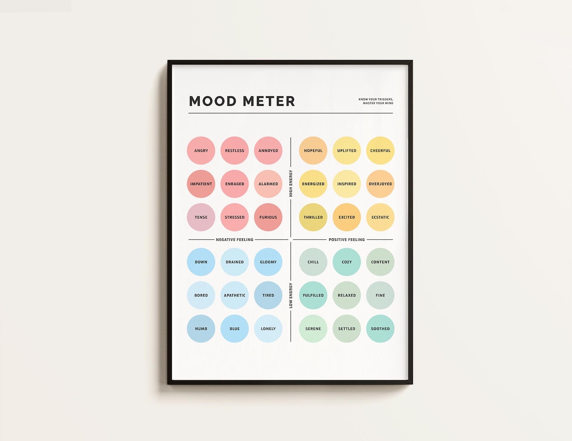 Mood Meter Feelings Emotions Guide, Mental Health Poster