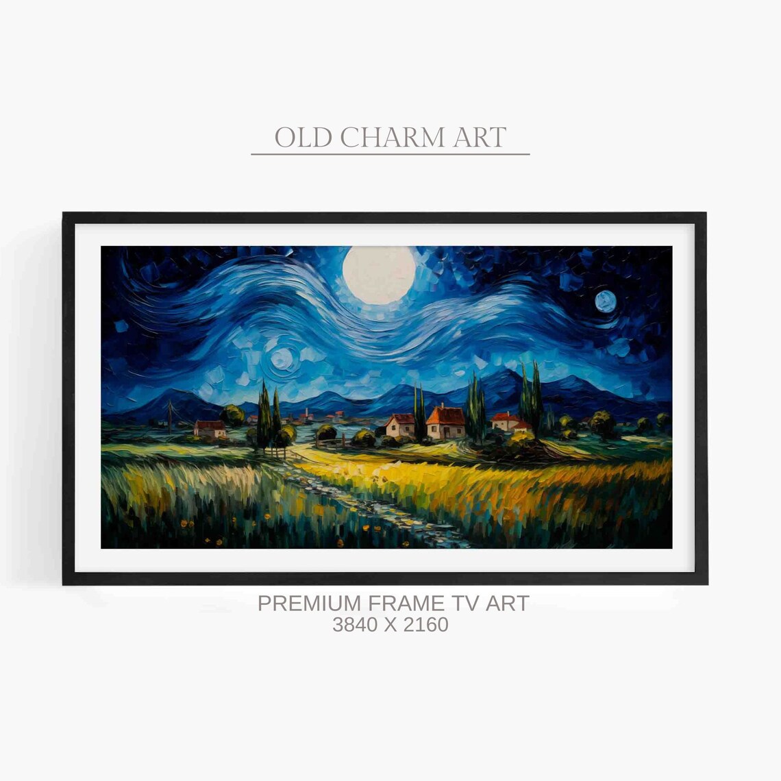 Starry Night Sky Moon Village Golden Field Swirling Blue Art Print