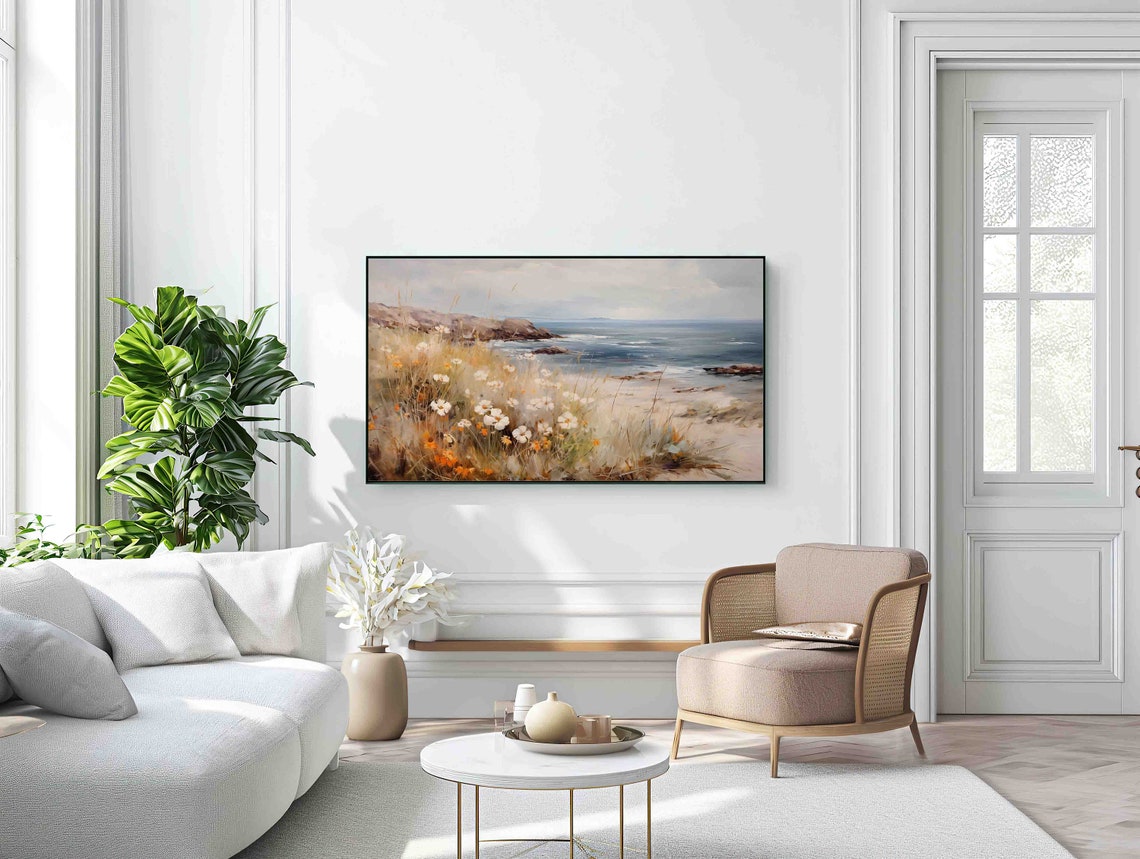 Serene Wildflower Cliff Overlooking a Calm Coastal Seascape Print - Image 2