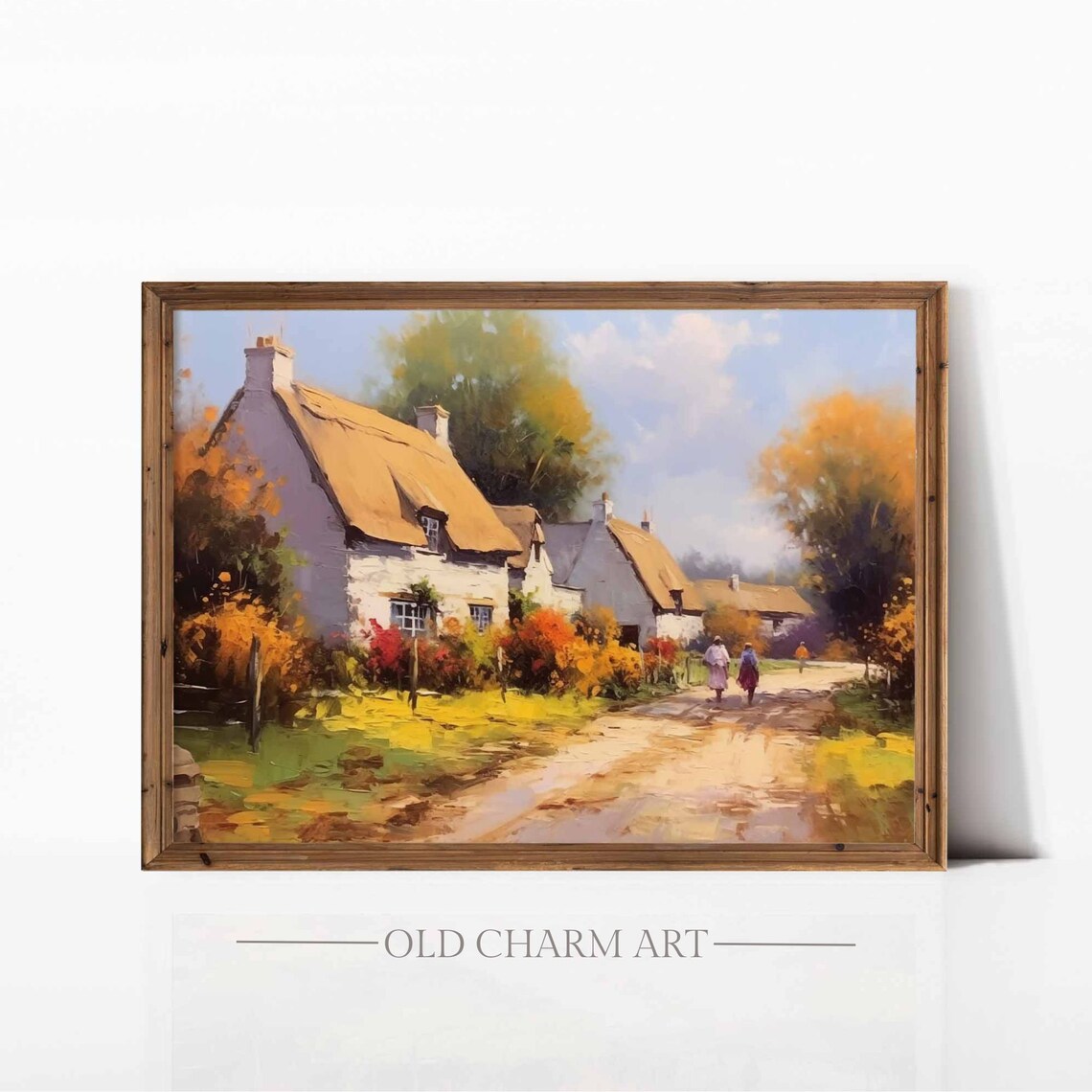 Autumn Thatched Cottages On A Dirt Road With Fall Foliage Poster