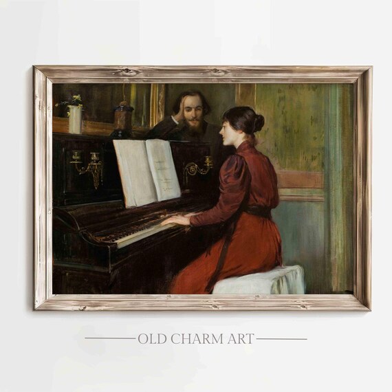 Woman In Red Dress Piano Candlelight Man Watching Vintage Interior Painting Poster