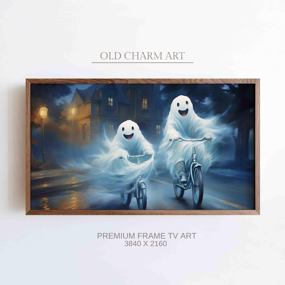 Spooky Cute Ghosts Riding Bicycles Night Street Halloween Poster